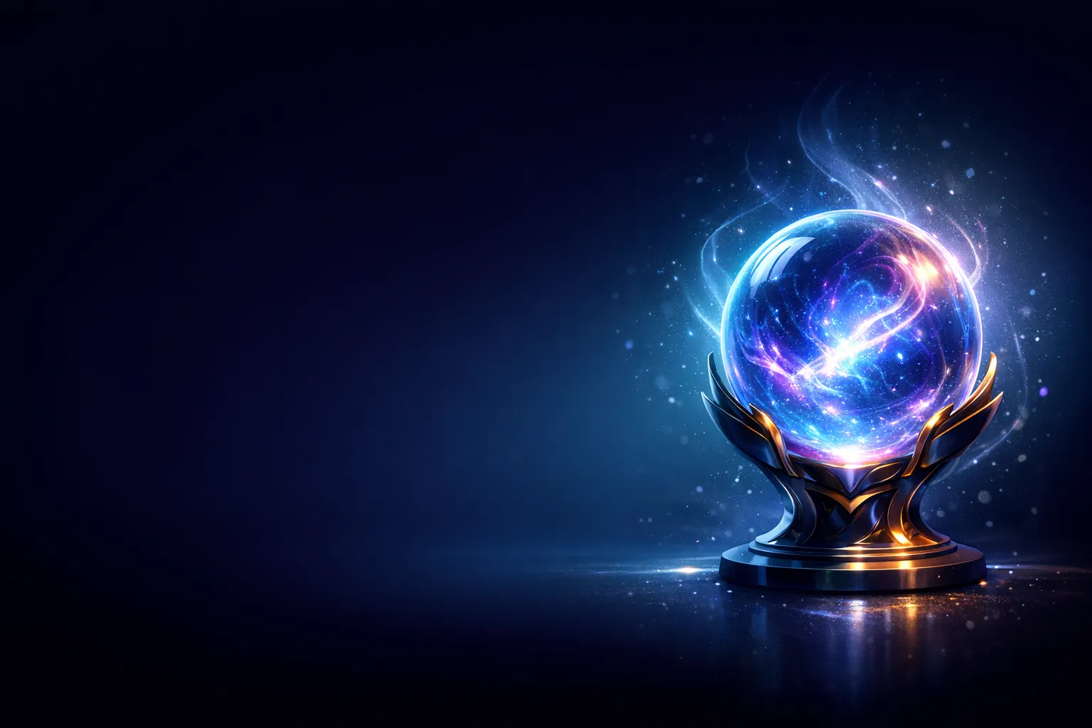 Glowing ethereal orb with gold particles on deep purple background, leaving space for casino bonus text
